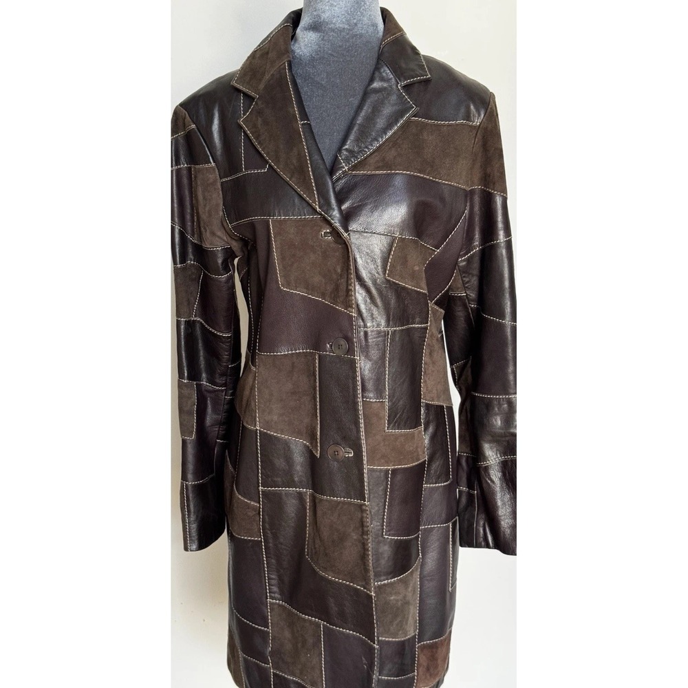 Patchwork Leather Coat M Brown Black Long Jacket Western Boho Y2K 90s Colorblock